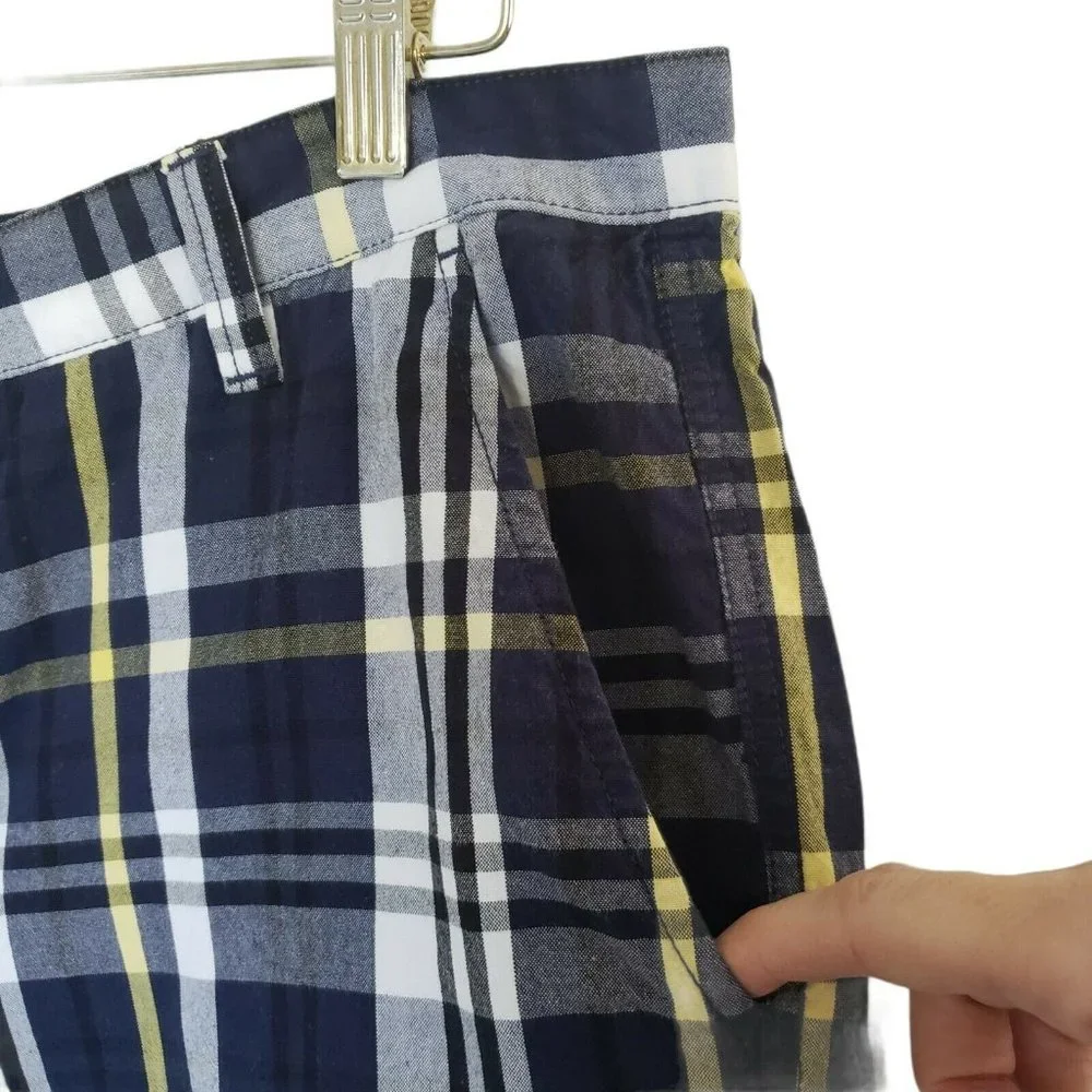 Chaps Flat Front Shorts Mens Size 36 Blue Yellow White Plaid 100% Cotton
